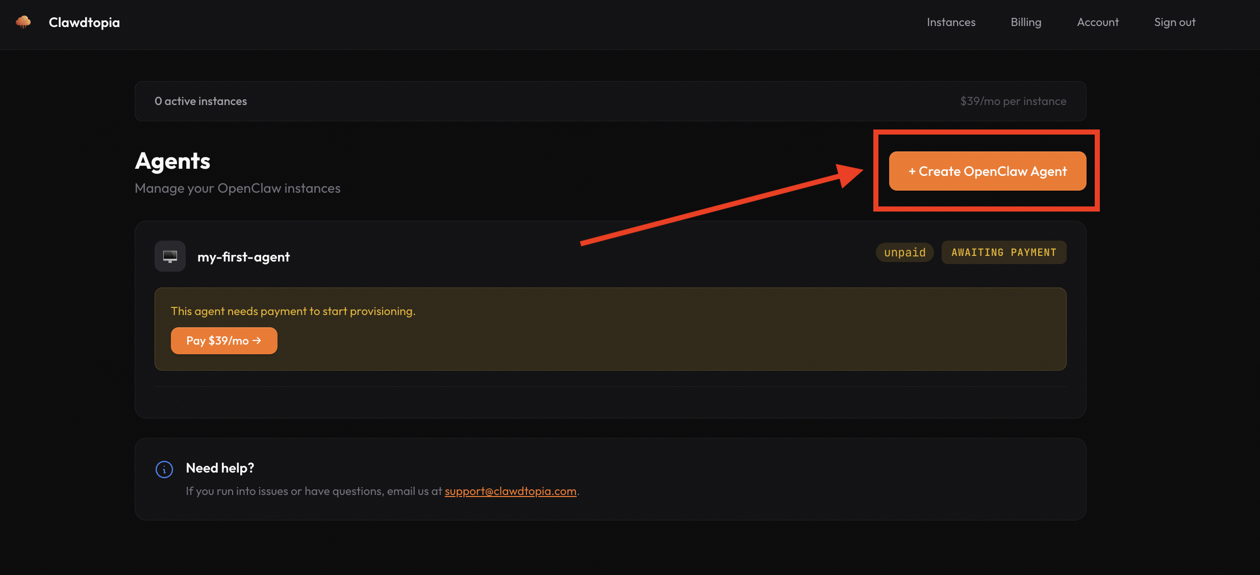 Clawdtopia dashboard — click Create OpenClaw Agent