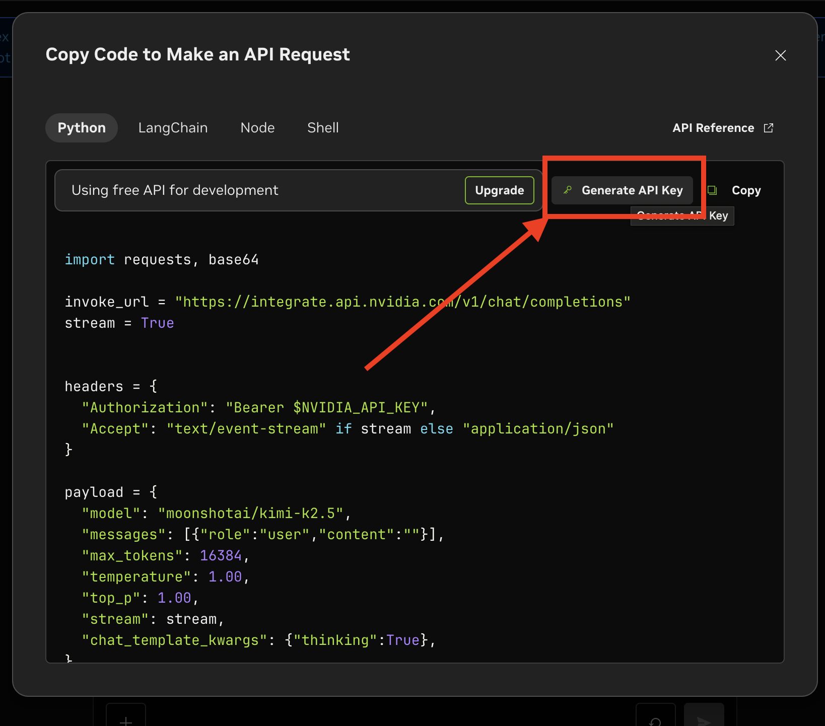 NVIDIA Build — Generate API Key button in the code panel