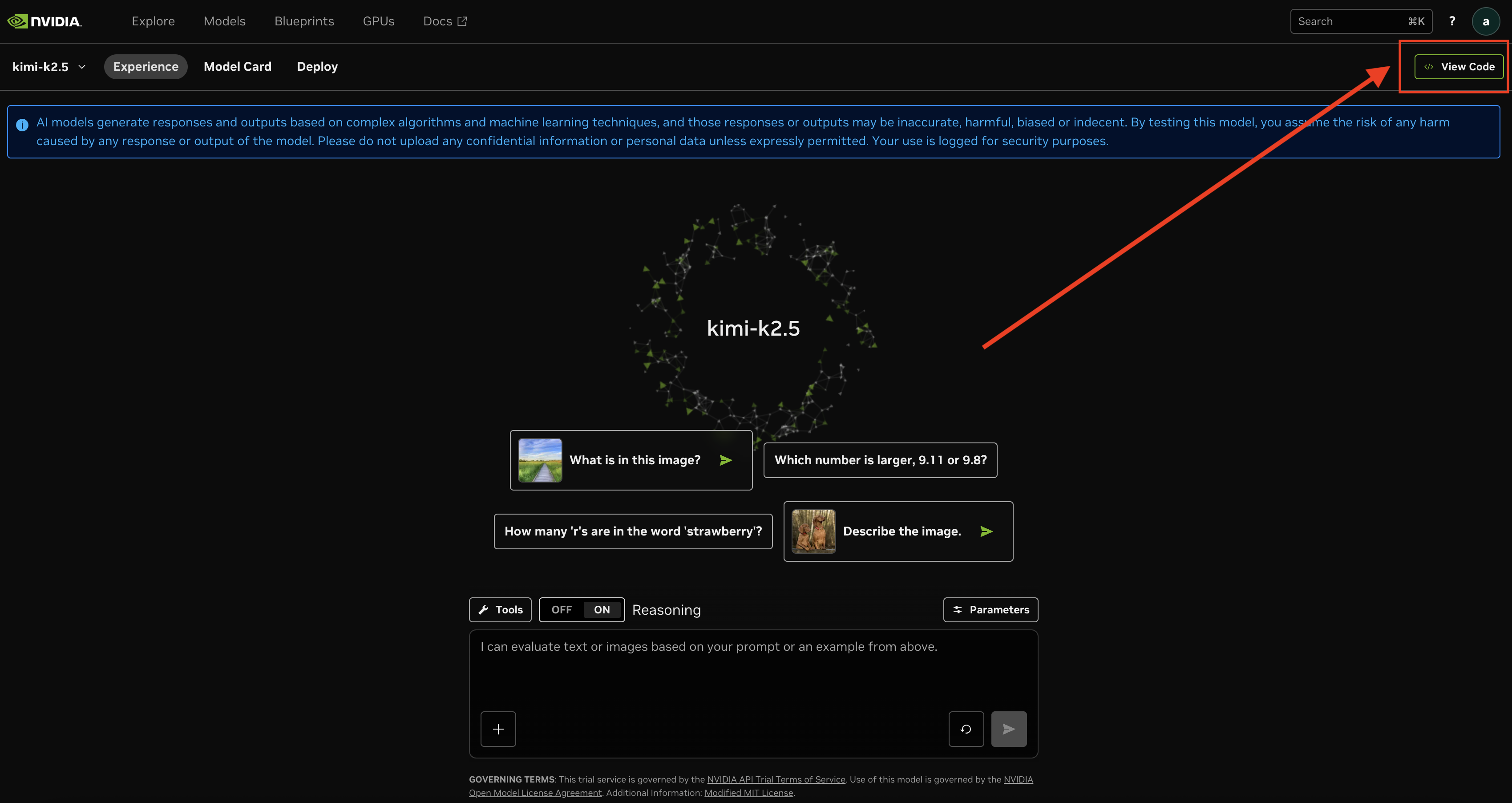 NVIDIA Build — Kimi K2.5 model page, click View Code in the top right